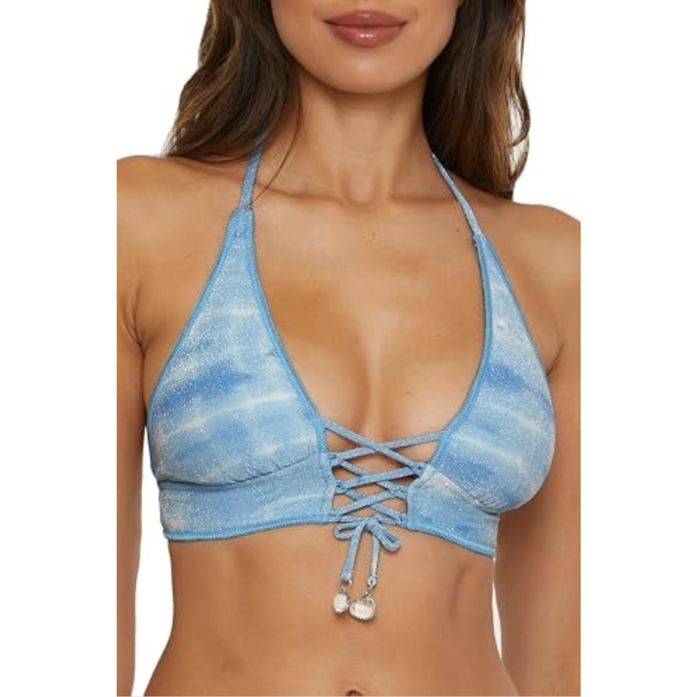 BECCA Light Blue Shimmer Lace-Up Triangle Bikini Top
